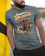 Inspirational Cowgirl Lasso Your Destiny Graphic Tshirt - model wearing grey tee, leaning on column