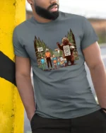 Funny Camping Bear Toilet Paper Nature Graphic Tshirt - model wearing grey tee, leaning on column