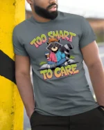 Funny Raccoon Too Smart To Care Coffee Quote Graphic Tshirt - model wearing grey tee, leaning on column
