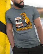Funny Burgasarus King Of Burgers Dinosaur Graphic Tshirt - model wearing grey tee, leaning on column