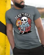 Funny Skeleton Dead Tired Bathrobe Wine Relaxing Tshirt - model wearing grey tee, leaning on column