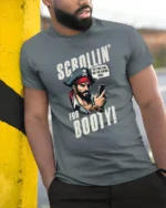 Humorous Social Seas Smartphone Pirate Sailing Graphic Tee - model wearing grey tee, leaning on column