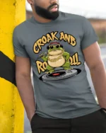 Cool DJ Frog Croak And Roll Sunglasses Graphic Tee - model wearing grey tee, leaning on column