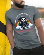 Funny Skater Grim Reaper Live Like You Die Graphic Tshirt - model wearing grey tee, leaning on column