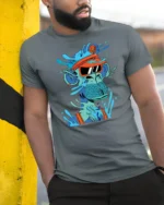 Cool Splashing Blue Ape Captain Visor Graphic Tshirt - model wearing grey tee, leaning on column