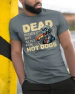 Humorous Dead Inside Alive Hot Dogs Zombie Graphic Tee - model wearing grey tee, leaning on column