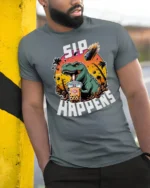 Funny Boba T Rex Sip Happens Dinosaur Graphic Tshirt - model wearing grey tee, leaning on column