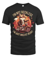 Adventurous Motorbiking Fox Wild At Heart Custom Graphic Tee - black t-shirt on white background