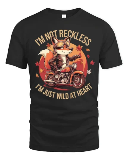 Adventurous Motorbiking Fox Wild At Heart Custom Graphic Tee - black t-shirt on white background
