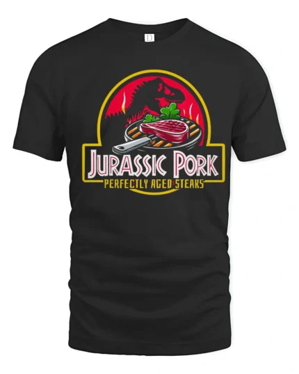 Funny Jurassic Pork Perfectly Aged Steaks Slogan Tshirt - black t-shirt on white background