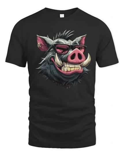 Grinning Wild Boar Pink Sunglasses Streetwear Graphic Tee - black t-shirt on white background
