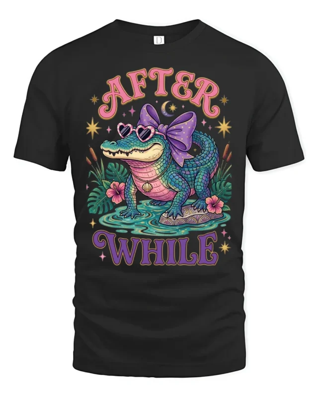 Adorable Alligator Sunglasses Violet Ribbon Bow Graphic Tee - black t-shirt on white background