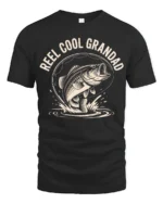 Reel Cool Grandad Fishing Bass Vintage Graphic Tshirt - black t-shirt on white background