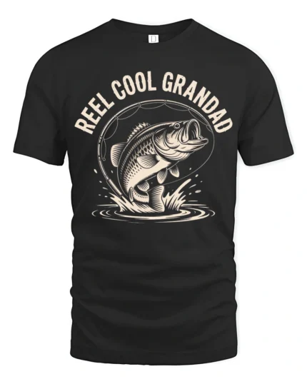 Reel Cool Grandad Fishing Bass Vintage Graphic Tshirt - black t-shirt on white background
