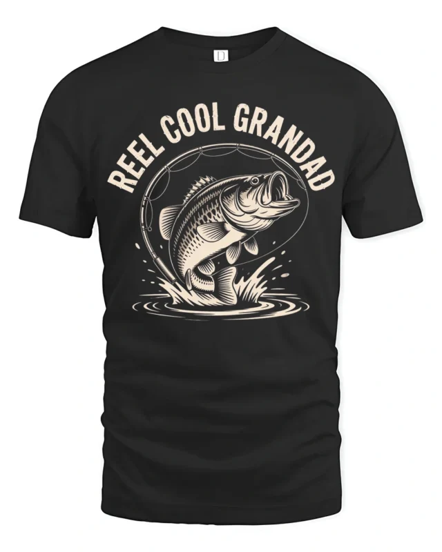 Reel Cool Grandad Fishing Bass Vintage Graphic Tshirt - black t-shirt on white background