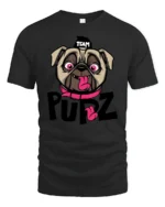 Playful Team Pupz Pug Dog Pink Collar Graphic Tshirt - black t-shirt on white background