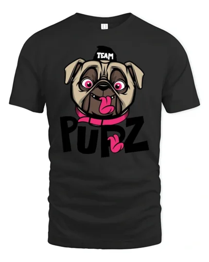 Playful Team Pupz Pug Dog Pink Collar Graphic Tshirt - black t-shirt on white background