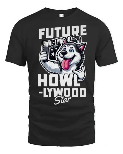 Future Howllywood Star Husky Dog Selfie Graphic Tshirt - black t-shirt on white background