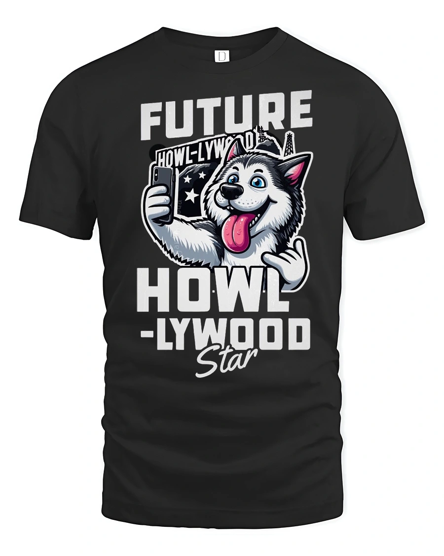 Future Howllywood Star Husky Dog Selfie Graphic Tshirt - 1 Future Howllywood Star Husky Dog Selfie Graphic Tshirt - black t-shirt on white background