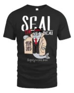 Seal The Deal Detective Fish Mobster Pun Graphic Tshirt - black t-shirt on white background