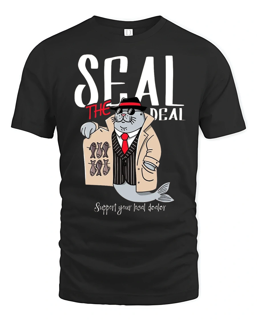 Seal The Deal Detective Fish Mobster Pun Graphic Tshirt - 1 Seal The Deal Detective Fish Mobster Pun Graphic Tshirt - black t-shirt on white background