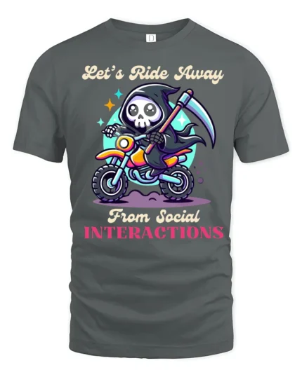 Introvert Grim Reaper Riding Motorcycle Slogan Tshirt - gray t-shirt on white background