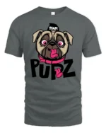 Playful Team Pupz Pug Dog Pink Collar Graphic Tshirt - gray t-shirt on white background