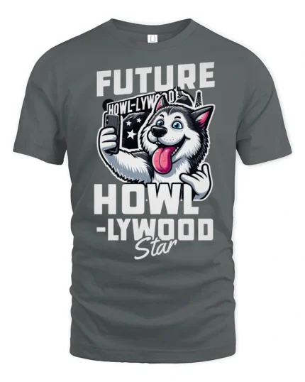 Future Howllywood Star Husky Dog Selfie Graphic Tshirt - gray t-shirt on white background