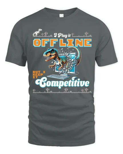 Retro Offline Competitive Dinosaur Computer Graphic Tee - gray t-shirt on white background
