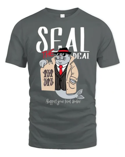 Seal The Deal Detective Fish Mobster Pun Graphic Tshirt - gray t-shirt on white background