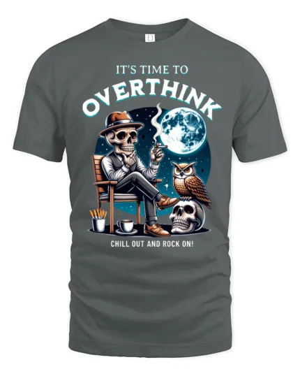 Humorous It’s Time To Overthink Skeleton Lounge Graphic Tee - gray t-shirt on white background