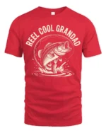Reel Cool Grandad Fishing Bass Vintage Graphic Tshirt - red t-shirt on white background