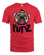 Playful Team Pupz Pug Dog Pink Collar Graphic Tshirt - red t-shirt on white background