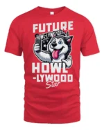 Future Howllywood Star Husky Dog Selfie Graphic Tshirt - red t-shirt on white background