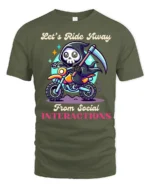 Introvert Grim Reaper Riding Motorcycle Slogan Tshirt - military green t-shirt on white background