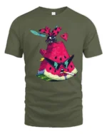 Grumpy Watermelon Smoking Cigar Cool Ladybug Graphic Tshirt - military green t-shirt on white background