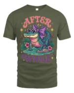 Adorable Alligator Sunglasses Violet Ribbon Bow Graphic Tee - military green t-shirt on white background