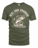 Reel Cool Grandad Fishing Bass Vintage Graphic Tshirt - military green t-shirt on white background