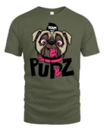 Playful Team Pupz Pug Dog Pink Collar Graphic Tshirt - military green t-shirt on white background