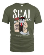 Seal The Deal Detective Fish Mobster Pun Graphic Tshirt - military green t-shirt on white background