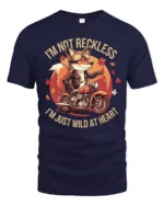 Adventurous Motorbiking Fox Wild At Heart Custom Graphic Tee - navy t-shirt on white background