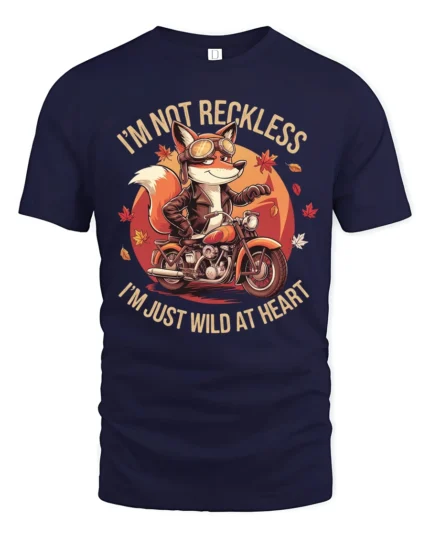 Adventurous Motorbiking Fox Wild At Heart Custom Graphic Tee - navy t-shirt on white background