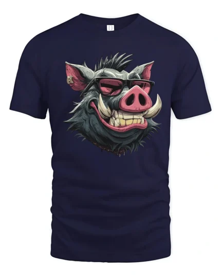 Grinning Wild Boar Pink Sunglasses Streetwear Graphic Tee - navy t-shirt on white background