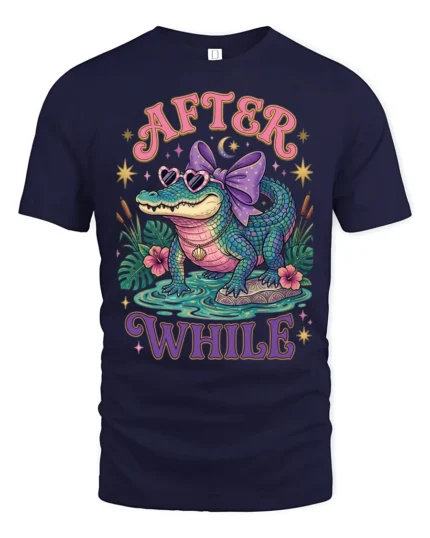 Adorable Alligator Sunglasses Violet Ribbon Bow Graphic Tee - navy t-shirt on white background