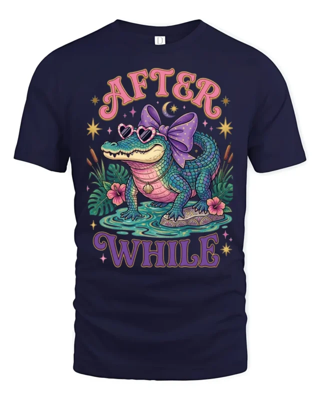 Adorable Alligator Sunglasses Violet Ribbon Bow Graphic Tee - navy t-shirt on white background