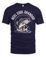Reel Cool Grandad Fishing Bass Vintage Graphic Tshirt - navy t-shirt on white background