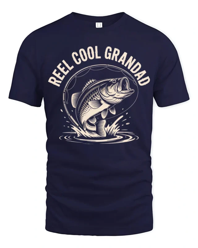 Reel Cool Grandad Fishing Bass Vintage Graphic Tshirt - navy t-shirt on white background