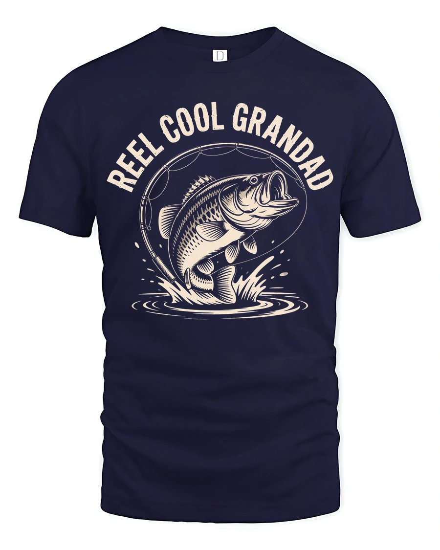 Reel Cool Grandad Fishing Bass Vintage Graphic Tshirt - 1 Reel Cool Grandad Fishing Bass Vintage Graphic Tshirt - navy t-shirt on white background