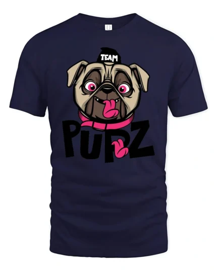 Playful Team Pupz Pug Dog Pink Collar Graphic Tshirt - navy t-shirt on white background