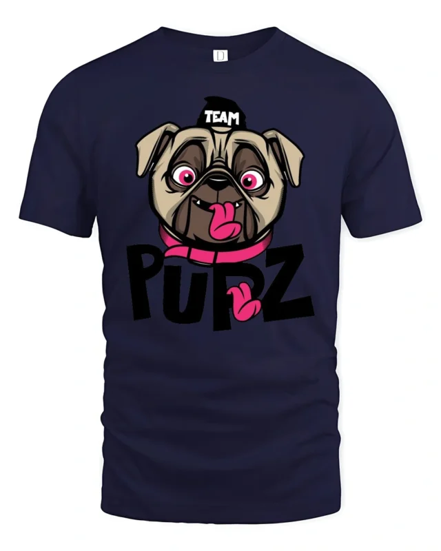 Playful Team Pupz Pug Dog Pink Collar Graphic Tshirt - navy t-shirt on white background